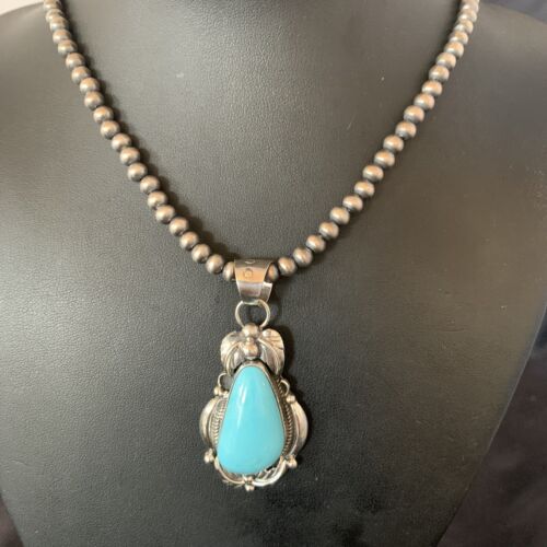 Men's Navajo Pearls Necklace with Blue Kingman Turquoise Pendant | Sterling Silver | Native American Handmade | 12592