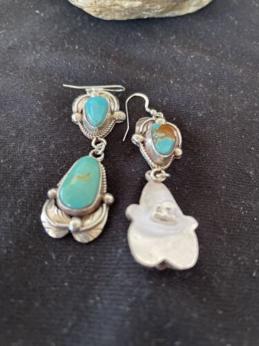 Navajo Royston Turquoise Dangle Earrings | Sterling Silver | Authentic Native American Handmade | 1166