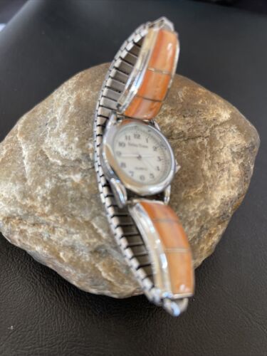 Authentic Navajo Orange Spiny Oyster Inlay Watch Tips | Sterling Silver | Native American Jewelry | 1555