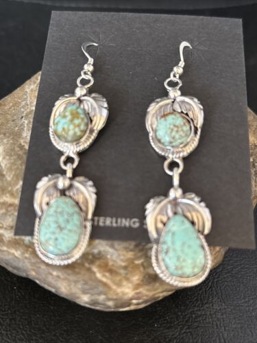 USA Womens Handmade Navajo Blue Turquoise#8 Sterling Dangle Earrings 14346