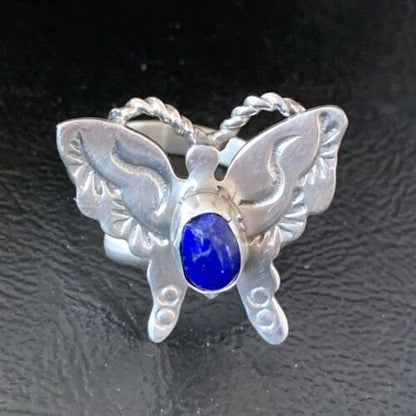 Navajo Navy Blue Lapis Butterfly Ring | Sterling Silver | Sz Adj 8 | Authentic Native American Handmade | 10352