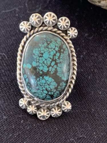 Navajo Blue Spiderweb Turquoise Ring | Sterling Silver | Sz 7 | Authentic Native American Handmade | 01642
