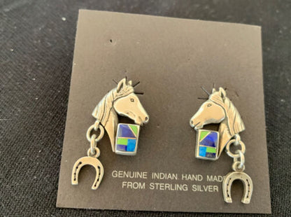 Navajo Blue Lapis & Turquoise Horse Inlay Earrings | Sterling Silver | 1" | Authentic Native American Handmade | 1514