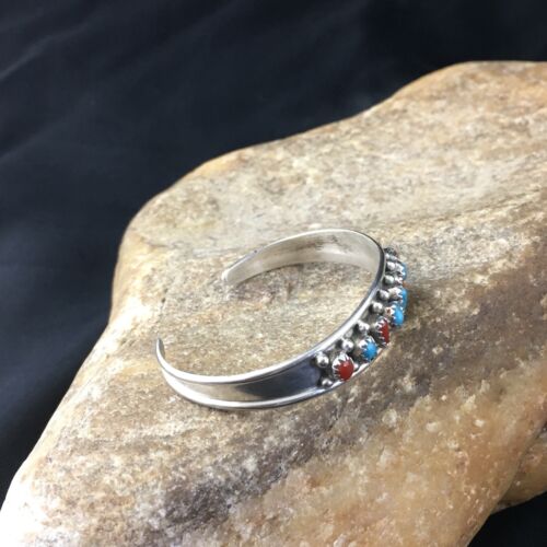 Navajo Children's Blue Turquoise Coral Cuff Bracelet | Sterling Silver | 4" | 10248