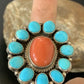Navajo Blue Turquoise Coral Cluster Ring | Authentic Native American Sterling Silver | Multi-Stone | Sz 9.5 | 11507