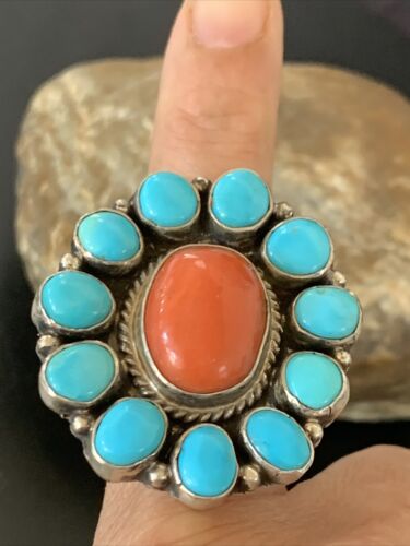 Navajo Blue Turquoise Coral Cluster Ring | Authentic Native American Sterling Silver | Multi-Stone | Sz 9.5 | 11507