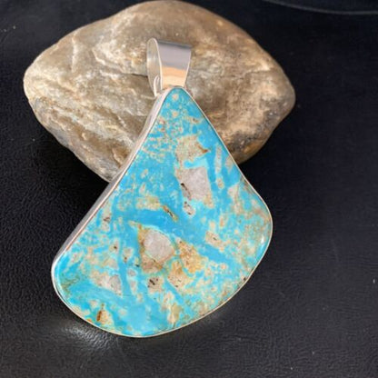 Navajo Men's Kingman Turquoise Necklace | XXL | Sterling Silver | 4" Pendant | Authentic Native American Handmade | 13984