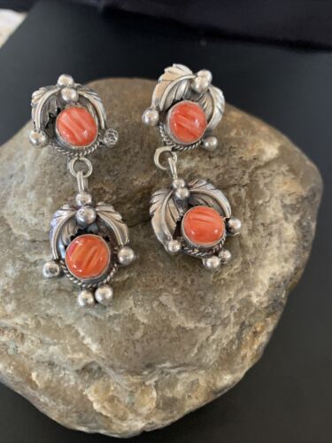 Navajo Red Spiny Oyster Dangle Earrings | Sterling Silver | Authentic Native American Handmade | 2059