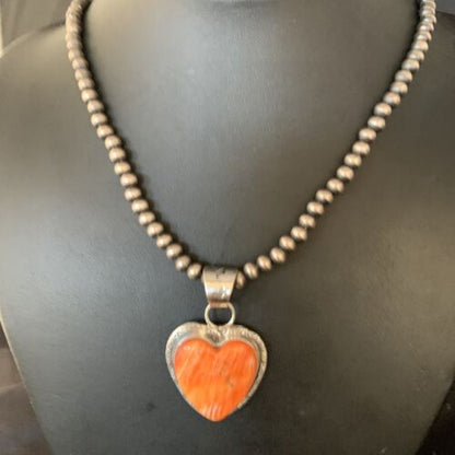 Navajo Orange Heart Spiny Oyster Pendant | Sterling Silver Necklace | Authentic Native American Handmade | 13947