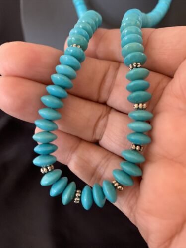 Navajo Pearls Bead Necklace | Blue Turquoise | Sterling Silver | 24" | Authentic Native American Handmade | 12538