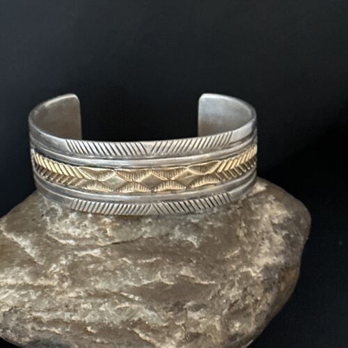Men's Navajo Handmade Stamped Cuff Bracelet | Sterling Silver & 12K Gold | Authentic Native American | 14593