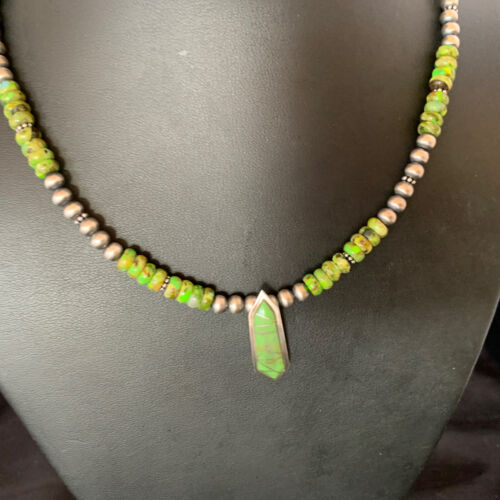 Navajo Green Gaspeite Turquoise Inlay Pendant | Sterling Silver | Authentic Native American Handmade | 13269