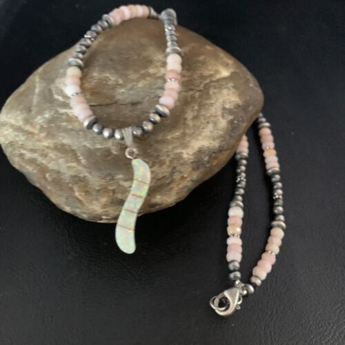 Navajo Pink Opal Beads Necklace Multi-Stone Mother of Pearl Inlay Pendant | Sterling Silver | 13458