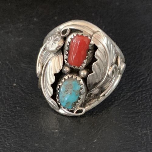 Navajo Kingman Turquoise Coral Ring | Authentic Native American Sterling Silver | Multi-Stone | Sz 11 | 14128