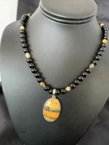 Men's Navajo Pearls Onyx Bumblebee Jasper Necklace Pendant | Sterling Silver | Native American Handmade | 10323