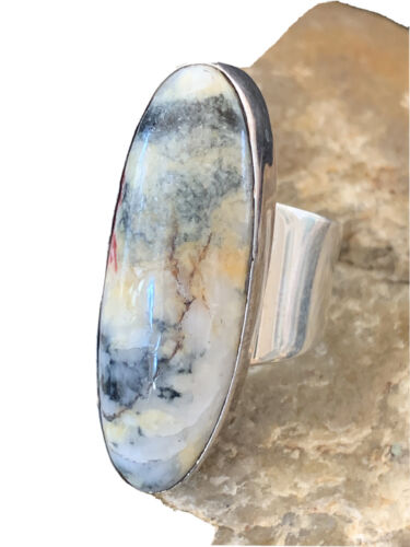 Southwestern Navajo Cinnabrite Ring | White Black | Sterling Silver | Sz 6.5 | 1550