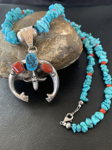 Navajo Sterling Silver Turquoise Coral Pendant Necklace | Authentic Native American Handmade | 11697