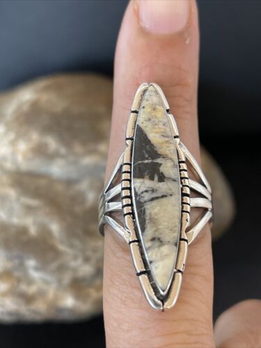 Southwestern Navajo White Buffalo Turquoise Ring | Sterling Silver | Sz 8 | 10295