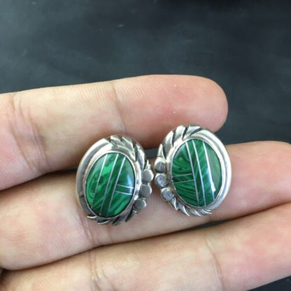 Navajo Green Malachite Inlay Earrings | Sterling Silver | Authentic Native American Handmade | 1987