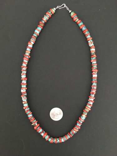 Navajo Sterling Silver Heishi Green Turquoise Coral Necklace | 20" | 1266