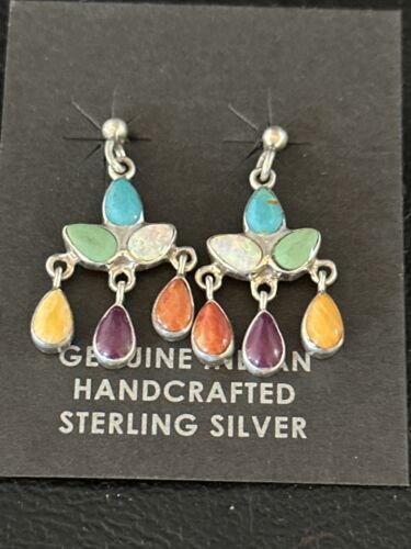 Navajo Multi-Color Turquoise Spiny Opal Inlay Sterling Earrings 1" | Handmade | 14410