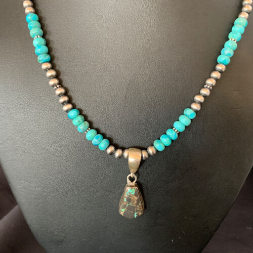 Women's Blue Turquoise Pendant Necklace | Navajo Pearls | Sterling Silver | Authentic Native American Handmade | 13368