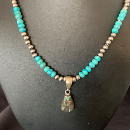 Women's Blue Turquoise Pendant Necklace | Navajo Pearls | Sterling Silver | Authentic Native American Handmade | 13368