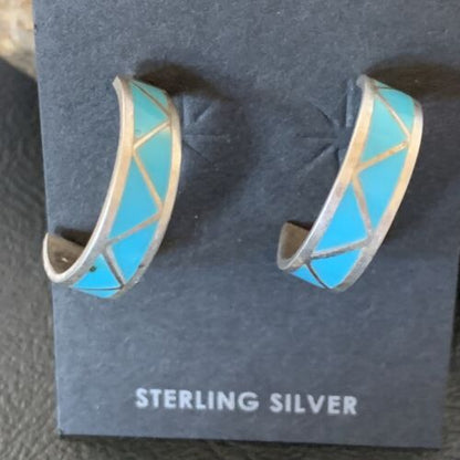 Zuni Blue Turquoise Inlay Hoop Earrings | Sterling Silver | 0.50" | 12755