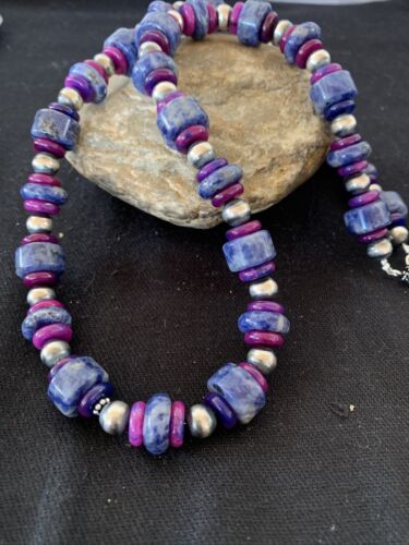 Men's Navajo | Denim Lapis Sugilite Beads Necklace | Sterling Silver | Authentic Native American Handmade | 20" | 10182
