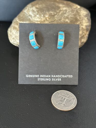 Navajo Blue Turquoise Inlay Earrings | Sterling Silver | 1" | Authentic Native American Handmade | 14776