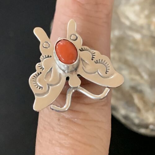 Navajo Red Spiny Oyster Butterfly Ring | Sterling Silver | Adj Sz 8 | Authentic Native American Handmade | 10341