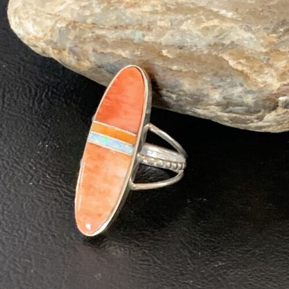 Navajo Red Spiny Oyster Opal Inlay Ring | Sterling Silver | Sz 8 | Authentic Native American Handmade | 11581