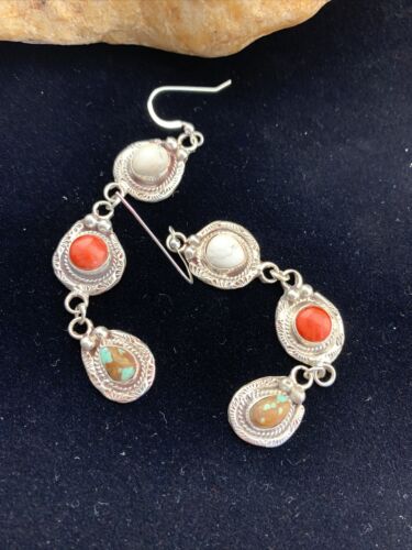Navajo Spiny, Turquoise & Howlite Dangle Earrings | Sterling Silver | Authentic Native American Handmade | 01620