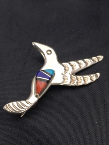 Turquoise, Lapis & Coral Hummingbird Inlay Pin | Navajo Sterling Silver | Authentic Native American Jewelry | 2900