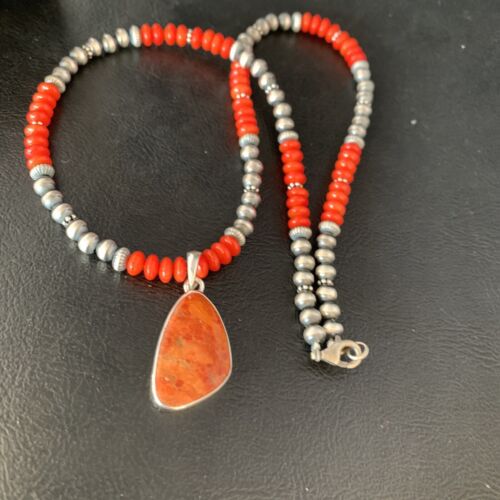 Native American Navajo Red Apple Coral Pendant Necklace | Sterling Silver Naja | 13944