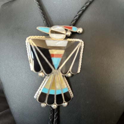 Men's Bolo Tie | Zuni Thunderbird Kingman Turquoise Inlay | Sterling Silver | 14232