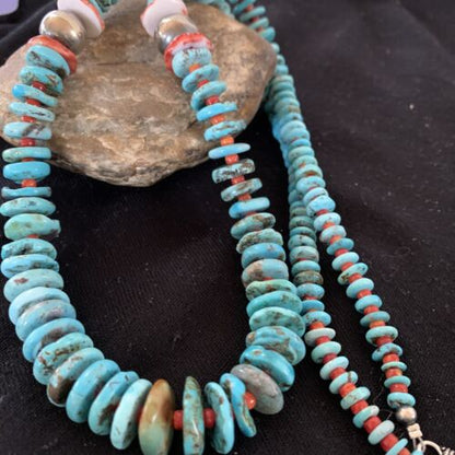 Authentic Native American Navajo Sterling Silver Necklace | Blue Turquoise & Spiny Oyster | 32" | 01672