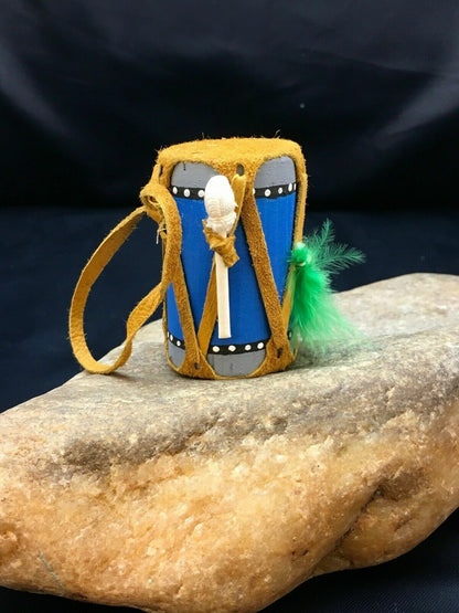 Handmade Miniature Leather Drum Car Charm | 2" Mirror Dangler | Authentic Native American | 8926