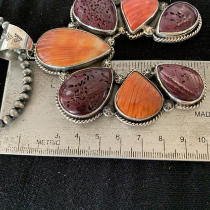 Navajo Sterling Silver Necklace with Purple Red Spiny Oyster Naja Pendant | 967