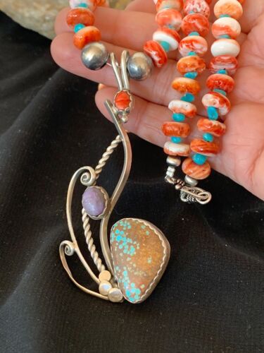Navajo Blue Turquoise & Spiny Oyster Multi-Stone Necklace Pendant Set | Authentic Native American Sterling Silver | 2846