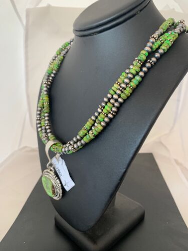 Navajo Pearls Gaspeite Turquoise Pendant Necklace Set | Sterling Silver | 3-Strand | 2987