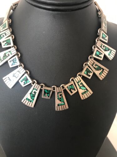 Navajo Old Pawn Sterling Silver Necklace Bracelet Set | Chip Inlay Turquoise | Authentic Native American Jewelry | 11857