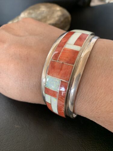Native American Zuni Red Spiny Oyster Opal Inlay Cuff Bracelet | Sterling Silver | 12096