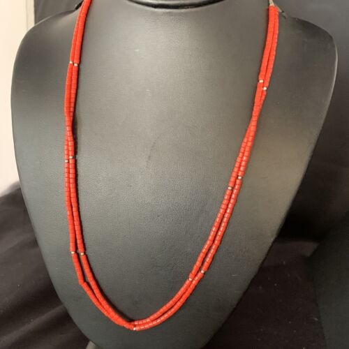 Navajo Red Coral Liquid Heishi Necklace | 2 Strands Sterling Silver Tubes | 22" | Authentic Native American Handmade | 768