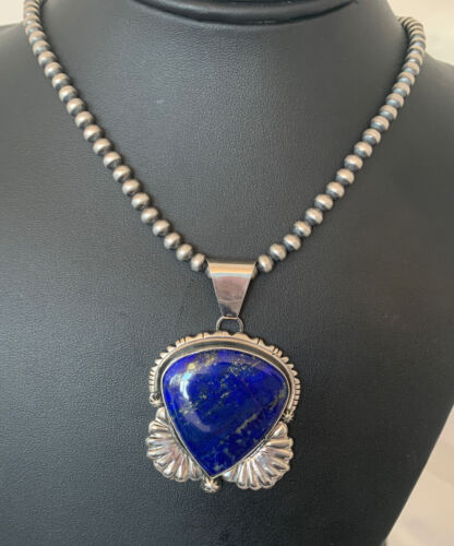 Native American Men's Navajo Pearls Necklace Pendant | Sterling Silver Blue Lapis | 01540