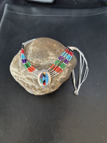 Multi-Color Liquid Silver Heishi 5-Strand Necklace | Sterling Silver Pendant | 14823