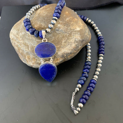 Navajo Sterling Silver Beads Necklace with Lapis Lazuli Pendant | 8mm | Authentic Native American Handmade | 11364