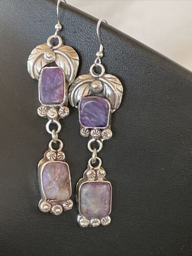 Navajo Purple Charoite Dangle Earrings | Sterling Silver | Authentic Native American Handmade | 01225