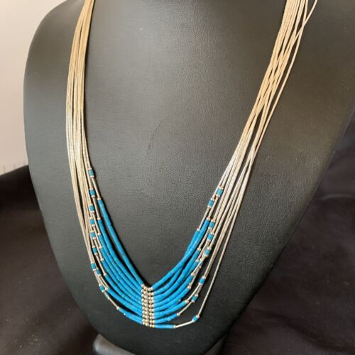 Liquid Silver Heishi 10-Strand Necklace | Sterling Silver Pendant with Turquoise | 12295