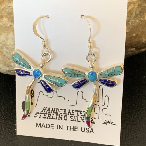 Navajo Dragonfly Turquoise Spiny Opal Inlay Earrings | Sterling Silver | 1" | Authentic Native American Handmade | 12016